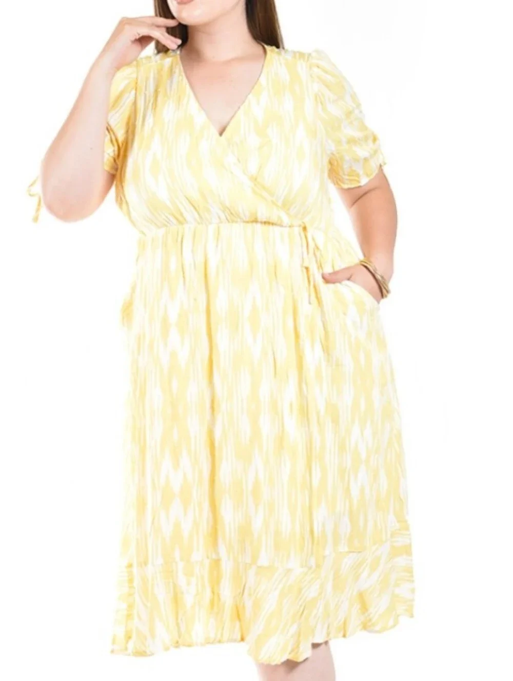 NWT Torrid Dress Midi Vneck Fit & Flare Yellow Ikat Medium Faux Wrap - Picture 5 of 10